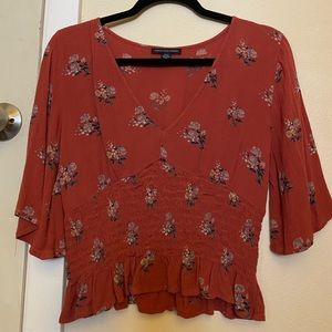 American Eagle Outfitters Floral Smocked Red / Rust Orange Blouse Size Small